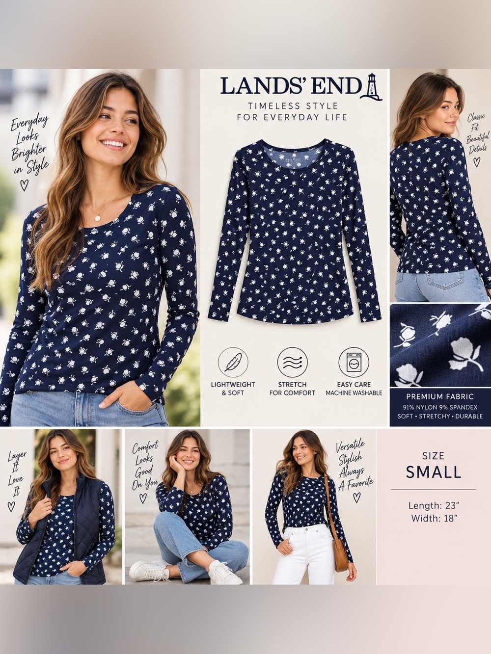 Lands’ End Women’s Small 6-8 Navy Floral Long Sleeve Stretch Top